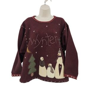 Wynter Snowman Sweater Women XL Burgundy Handcrafted Christmas Holiday Applique